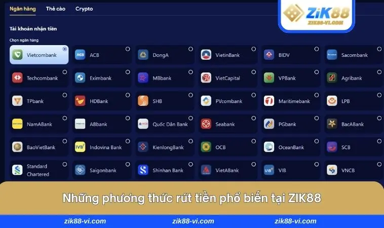 ZIK88 đã liên kết với rất nhiều ngân hàng lớn nhỏ tại Việt Nam